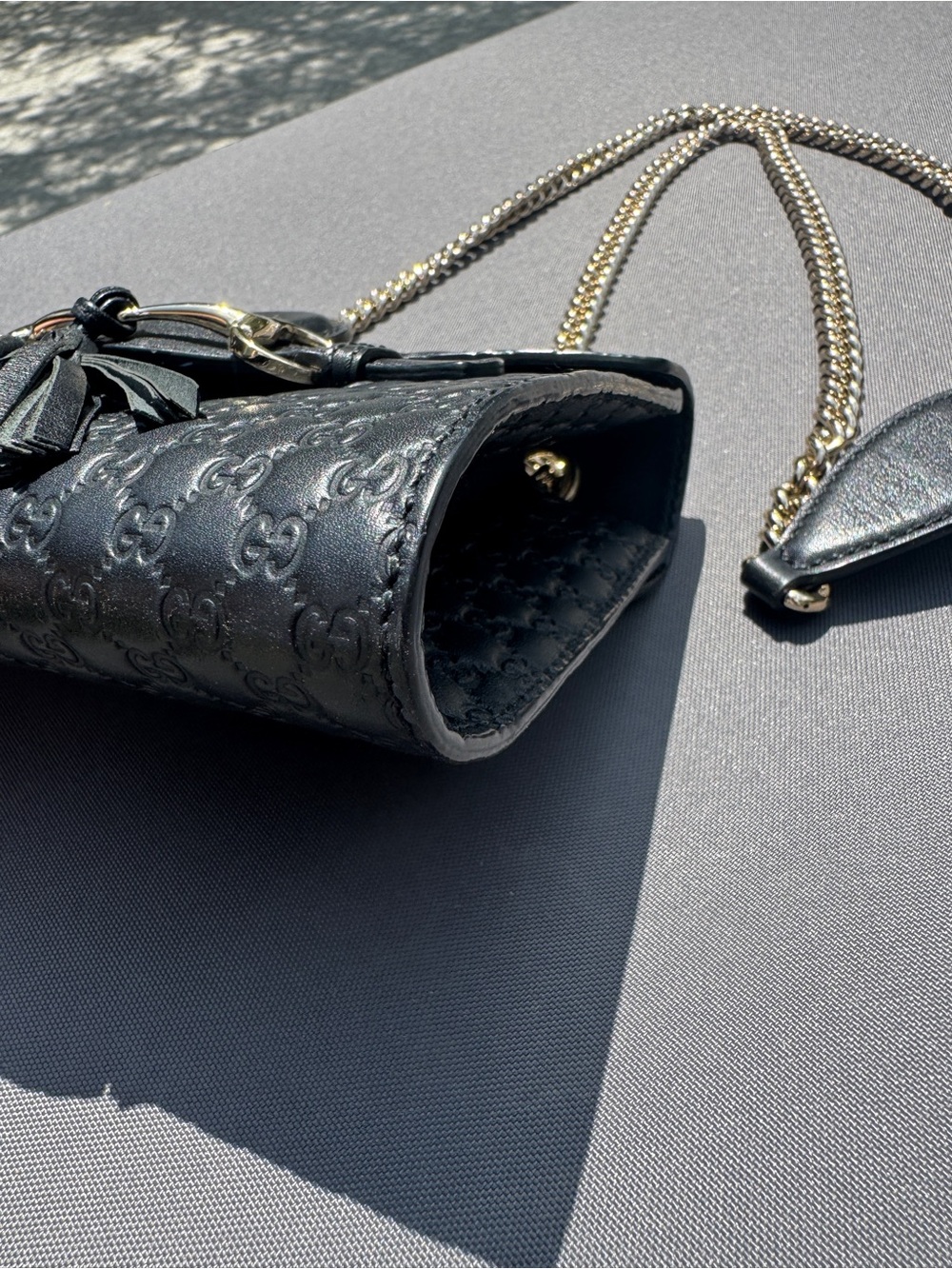 Gucci Emily Black Embossed GG Guccissima Crossbody with Gold Horsebit and Tassel - Picture 10 of 16